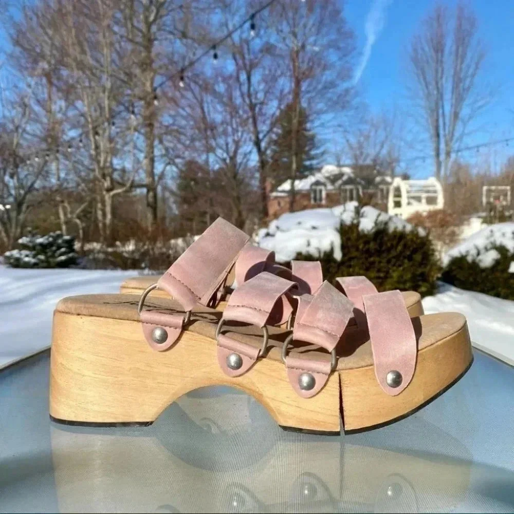 New Free People Virgo Switchback Suede Platform Sandals Pink US 10